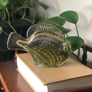 Vintage Sommerso Art Glass Fish | MCM Olive & Charcoal Ribbon Swirl